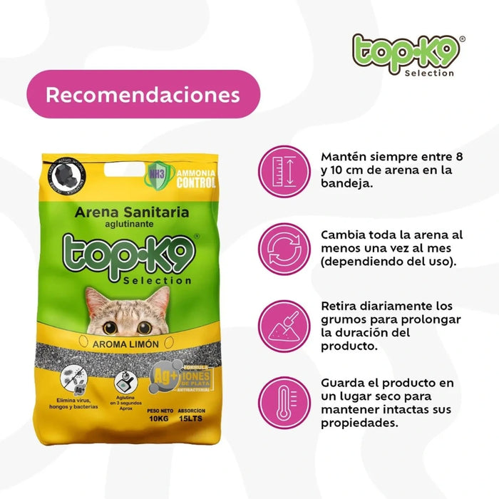 Arena Aglutinante Top k9 con Iones de Plata Aroma Limón