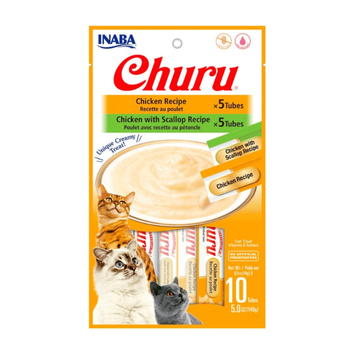 Churu para gatos 10 Unidades, sabor Pollo y Pollo con Ostión