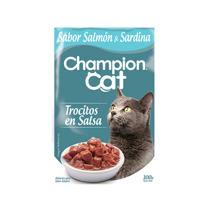 Sobre Champion Cat Trocitos en Salsa Sabor Salmón y Sardina